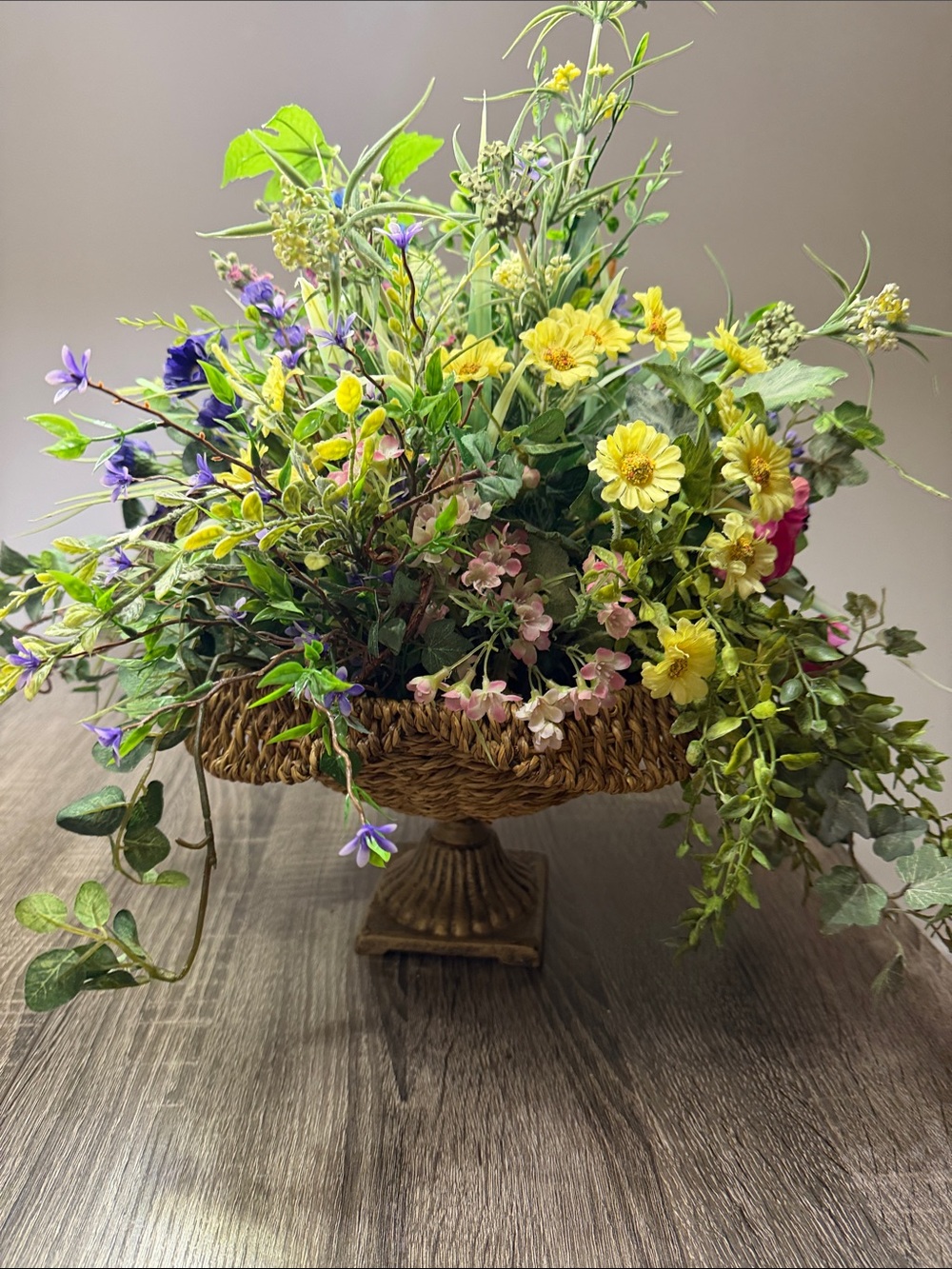 Spring Meadow Faux Floral Centerpiece with Purple, Yellow & Green - - Picture 2 of 6